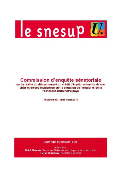 Commission d’enquête sénatoriale sur la réalité du détournement du crédit d'impôt recherche de son objet : Rapport SNESUP-FSU