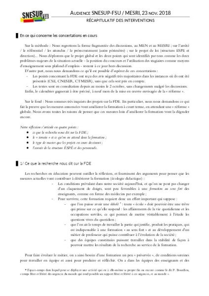 Contributions pour l'audience au MESRI du 23 nov. 2018