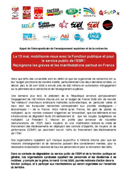 Journée de mobilisation Fonction publique du 13 mai - Appel de l'intersyndicale de l'ESR du 7 mai 2025