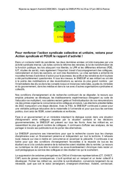 Réponses des tendances et courants de pensée au rapport d'activité 2019/2021