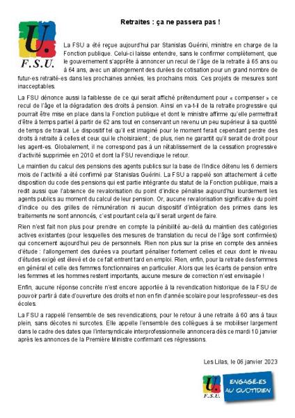 Retraites ça ne passera pas ! - Communiqué de la FSU du 6 janvier 2023