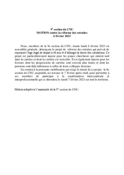  Motion 9ème section contre la réforme des retraite