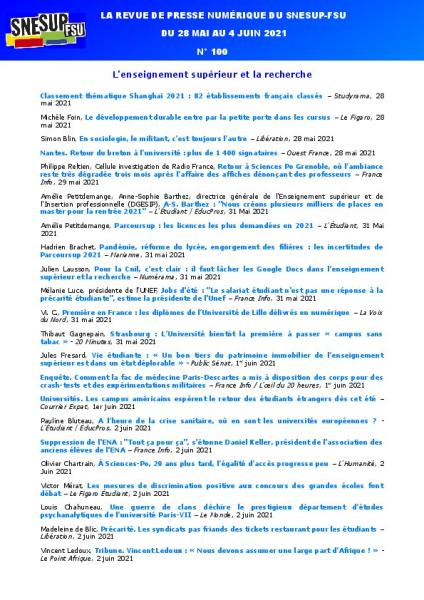 LA REVUE DE PRESSE NUMÉRIQUE DU SNESUP-FSU - Du 28 mai au 4 juin 2021 - N° 100