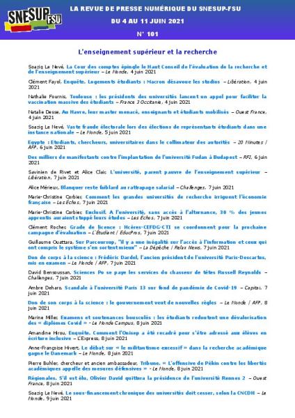 LA REVUE DE PRESSE NUMÉRIQUE DU SNESUP-FSU - Du 4 au 11 juin 2021 - N° 101