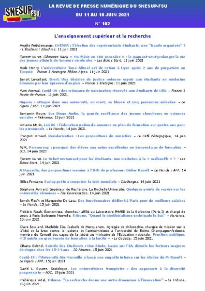 LA REVUE DE PRESSE NUMÉRIQUE DU SNESUP-FSU - Du 11 au 18 juin 2021 - N° 102