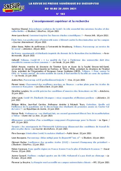 LA REVUE DE PRESSE NUMÉRIQUE DU SNESUP-FSU - Du 18 au 25 juin 2021 - N° 103