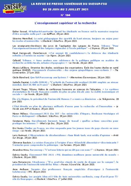 LA REVUE DE PRESSE NUMÉRIQUE DU SNESUP-FSU - Du 25 juin au 2 juillet 2021 - N° 104