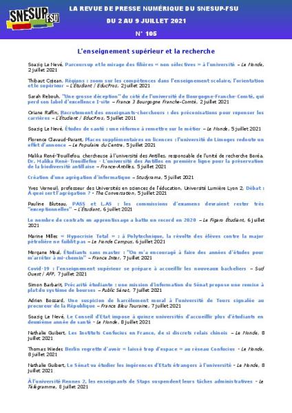LA REVUE DE PRESSE NUMÉRIQUE DU SNESUP-FSU - Du 2 au 9 juillet 2021 - N° 105