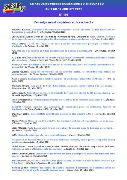 LA REVUE DE PRESSE NUMÉRIQUE DU SNESUP-FSU - Du 9 au 16 juillet 2021 - N° 106