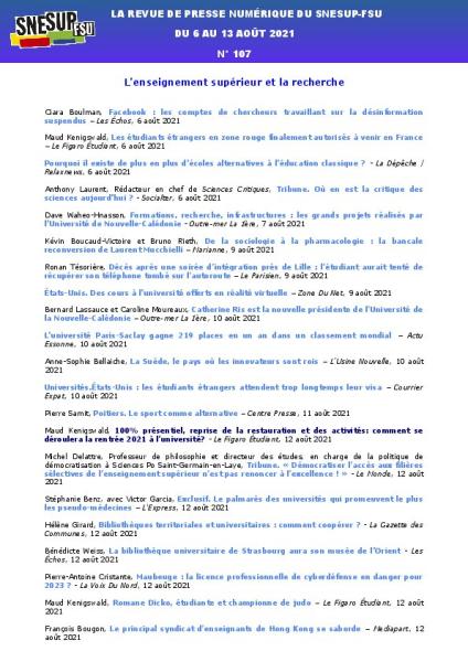  LA REVUE DE PRESSE NUMÉRIQUE DU SNESUP-FSU - Du 6 au 13 août 2021 - N° 107