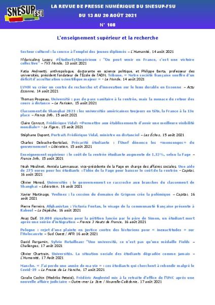  LA REVUE DE PRESSE NUMÉRIQUE DU SNESUP-FSU - Du 13 au 20 août 2021 - N° 108