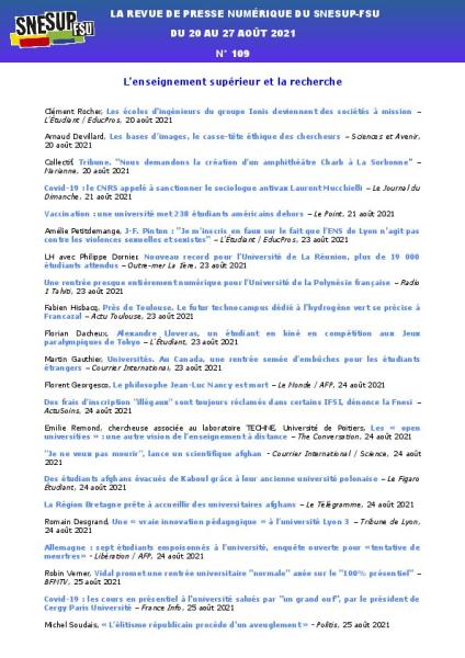 LA REVUE DE PRESSE NUMÉRIQUE DU SNESUP-FSU - Du 20 au 27 août 2021 - N° 109