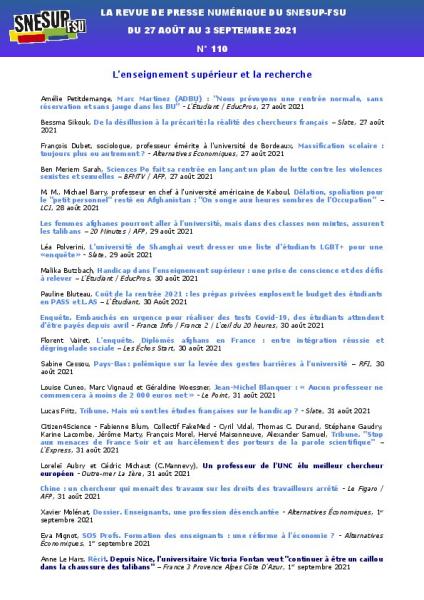 LA REVUE DE PRESSE NUMÉRIQUE DU SNESUP-FSU - Du 27 août au 3 septembre 2021 - N° 110