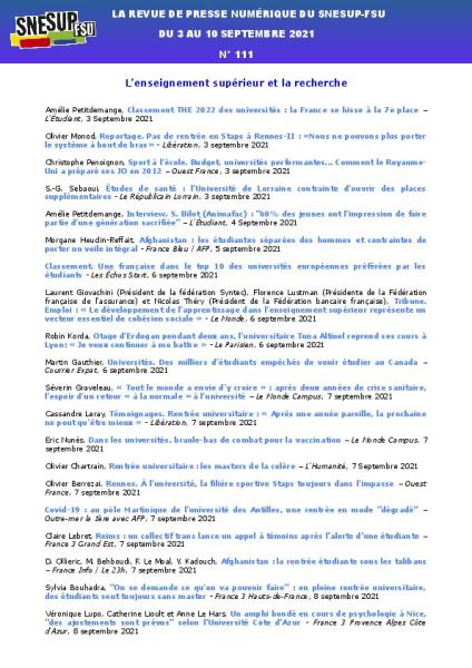 LA REVUE DE PRESSE NUMÉRIQUE DU SNESUP-FSU - Du 3 au 10 septembre 2021 - N° 111