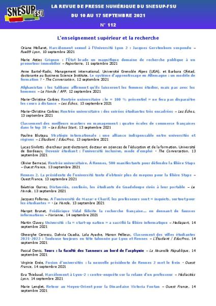 LA REVUE DE PRESSE NUMÉRIQUE DU SNESUP-FSU - Du 10 au 17 septembre 2021 - N° 112