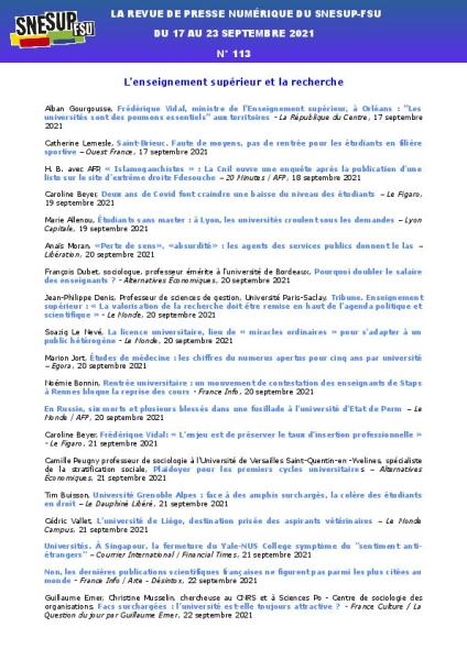 LA REVUE DE PRESSE NUMÉRIQUE DU SNESUP-FSU - Du 17 au 23 septembre 2021 - N° 113