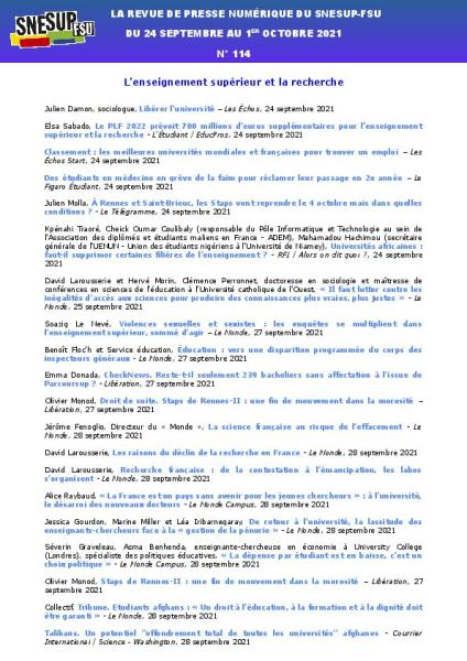 LA REVUE DE PRESSE NUMÉRIQUE DU SNESUP-FSU - Du 24 septembre au 1er octobre 2021 - N° 114