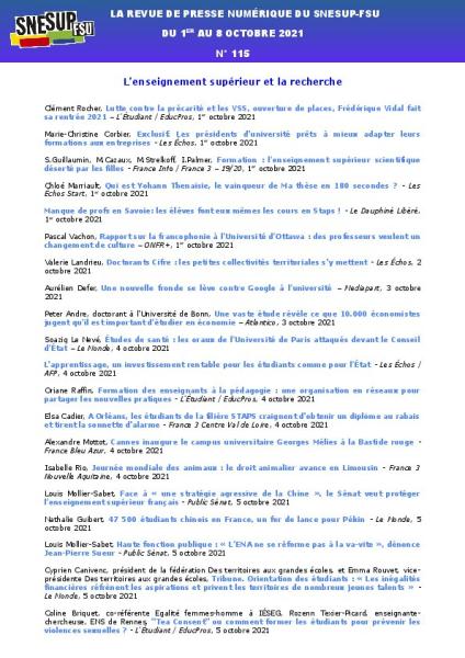 LA REVUE DE PRESSE NUMÉRIQUE DU SNESUP-FSU - Du 1er au 8 octobre 2021 - N° 115