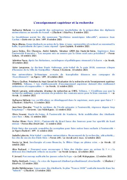 LA REVUE DE PRESSE NUMÉRIQUE DU SNESUP-FSU - Du 8 au 15 octobre 2021 - N° 116