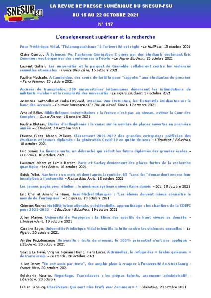 LA REVUE DE PRESSE NUMÉRIQUE DU SNESUP-FSU - Du 15 au 22 octobre 2021 - N° 117