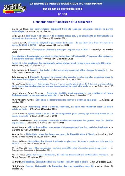 LA REVUE DE PRESSE NUMÉRIQUE DU SNESUP-FSU - Du 22 au 29 octobre 2021 - N° 118