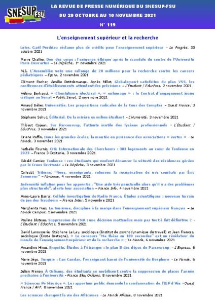 LA REVUE DE PRESSE NUMÉRIQUE DU SNESUP-FSU - Du 29 octobre au 10 novembre 2021 - N° 119