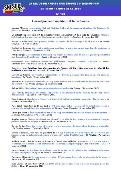 LA REVUE DE PRESSE NUMÉRIQUE DU SNESUP-FSU - Du 10 au 19 novembre 2021 - N° 120