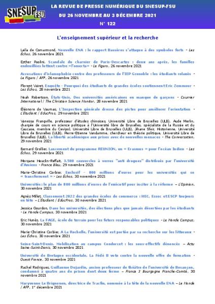 LA REVUE DE PRESSE NUMÉRIQUE DU SNESUP-FSU - Du 26 novembre au 3 décembre 2021 - N° 122