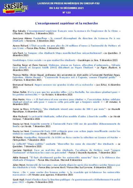 LA REVUE DE PRESSE NUMÉRIQUE DU SNESUP-FSU - Du 3 au 10 décembre 2021 - N° 123