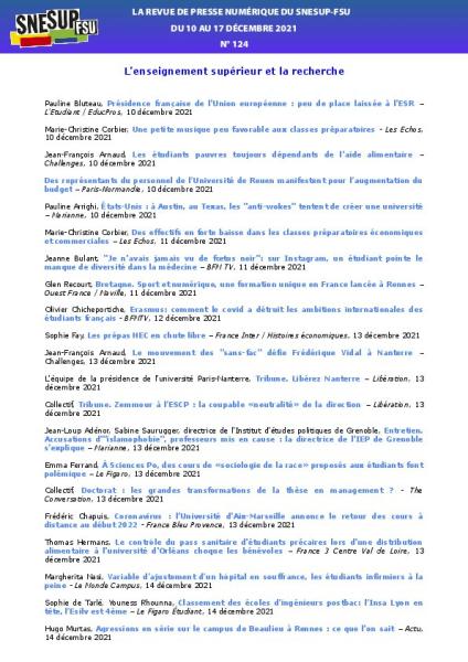 LA REVUE DE PRESSE NUMÉRIQUE DU SNESUP-FSU - Du 10 au 17 décembre 2021 - N° 124