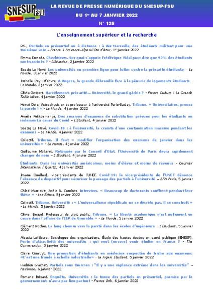 LA REVUE DE PRESSE NUMÉRIQUE DU SNESUP-FSU - Du 1er au 7 janvier 2022 - N° 125