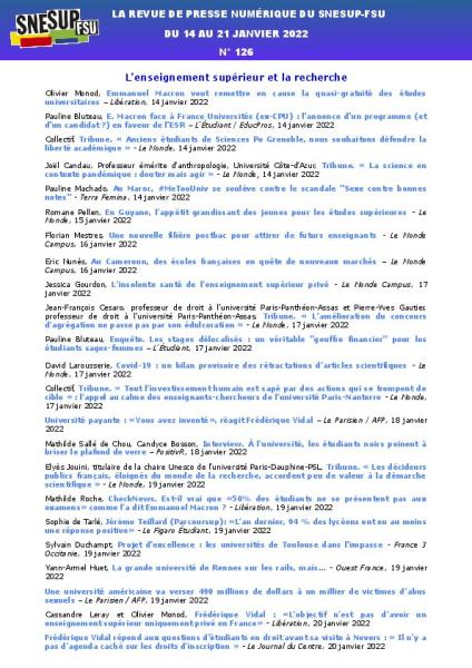 LA REVUE DE PRESSE NUMÉRIQUE DU SNESUP-FSU - Du 14 au 21 janvier 2022 - N° 126