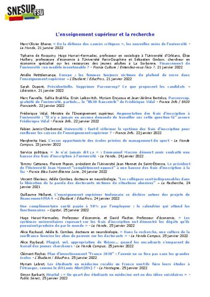 LA REVUE DE PRESSE NUMÉRIQUE DU SNESUP-FSU - Du 21 au 28 janvier 2022 - N° 127