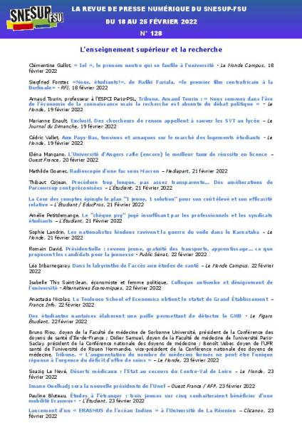 LA REVUE DE PRESSE NUMÉRIQUE DU SNESUP-FSU - Du 18 au 25 février 2022 - N° 128