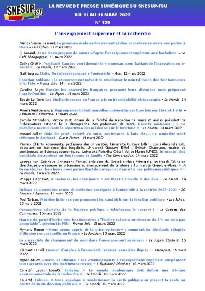 LA REVUE DE PRESSE NUMÉRIQUE DU SNESUP-FSU - Du 11 au 18 mars 2022 - N° 129