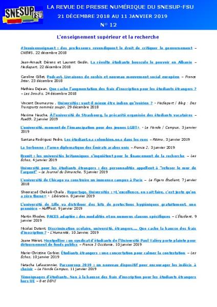 LA REVUE DE PRESSE NUMÉRIQUE DU SNESUP-FSU - Du 21 décembre 2018 au 11 janvier 2019 - N° 12