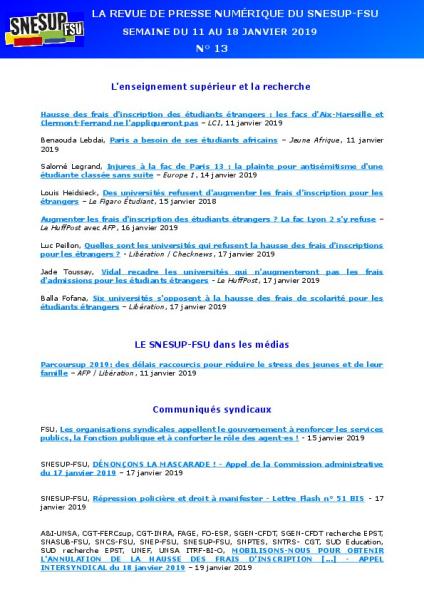 LA REVUE DE PRESSE NUMÉRIQUE DU SNESUP-FSU - Semaine du 11 au 18  janvier 2019 - N° 13