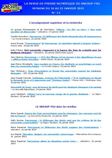 LA REVUE DE PRESSE NUMÉRIQUE DU SNESUP-FSU - Semaine du 18 au 25 janvier 2019 - N° 14