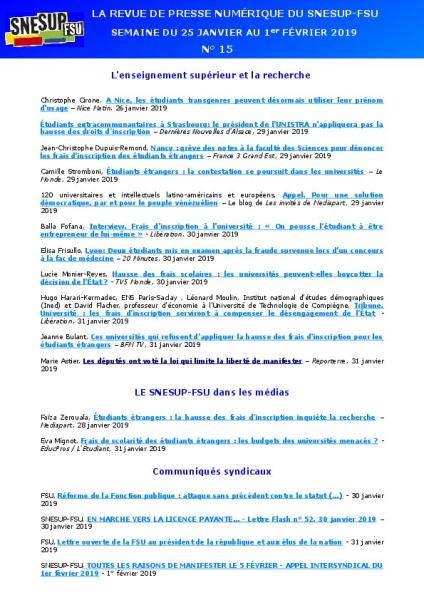 LA REVUE DE PRESSE NUMÉRIQUE DU SNESUP-FSU - Semaine du 25 janvier au 1er février 2019 - N° 15