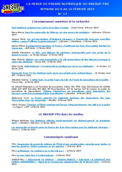 LA REVUE DE PRESSE NUMÉRIQUE DU SNESUP-FSU - Semaine du 8 au 15 février 2019 - N° 17