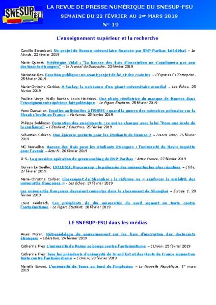 LA REVUE DE PRESSE NUMÉRIQUE DU SNESUP-FSU - Semaine du 22 février au 1er mars 2019 - N° 19
