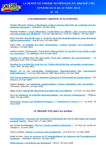 LA REVUE DE PRESSE NUMÉRIQUE DU SNESUP-FSU - Semaine du 8 au 15 mars 2019 - N° 20