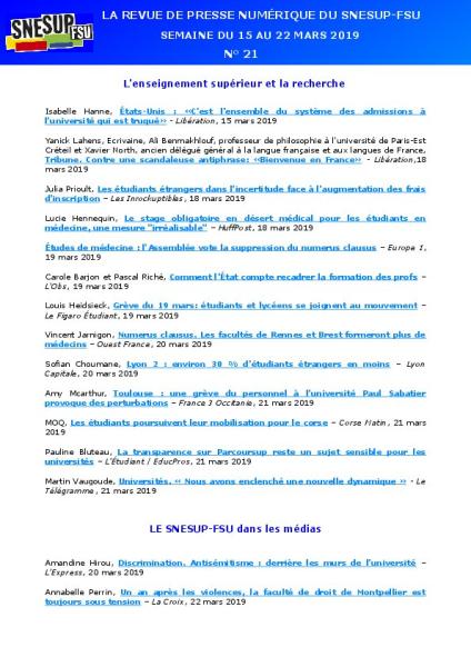 LA REVUE DE PRESSE NUMÉRIQUE DU SNESUP-FSU - Semaine du 15 au 22 mars 2019 - N° 21