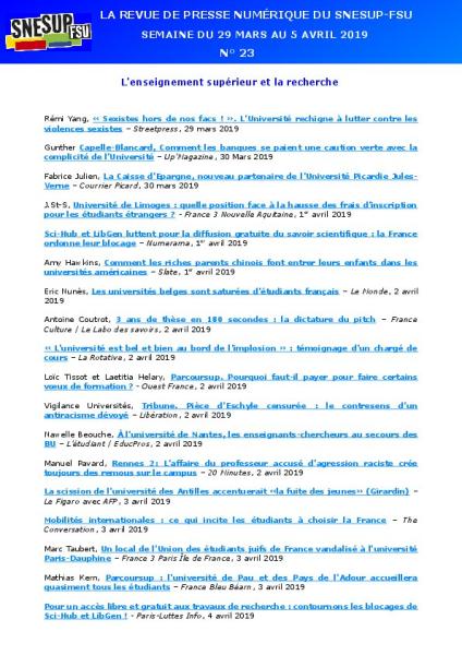 LA REVUE DE PRESSE NUMÉRIQUE DU SNESUP-FSU - Semaine du 29 mars au 5 avril 2019 - N° 23