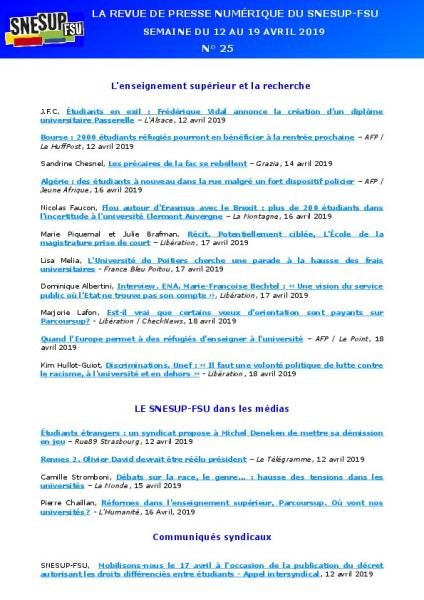 LA REVUE DE PRESSE NUMÉRIQUE DU SNESUP-FSU - Semaine du 12 au 19 avril 2019 - N° 25