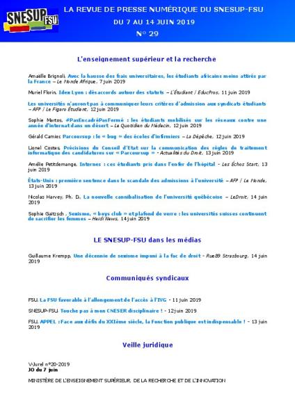 LA REVUE DE PRESSE NUMÉRIQUE DU SNESUP-FSU - Du 7 au 14 juin 2019 - N° 29