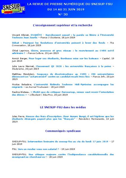 LA REVUE DE PRESSE NUMÉRIQUE DU SNESUP-FSU - Du 14 au 21 juin 2019 - N° 30