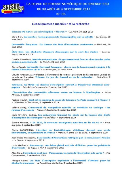 LA REVUE DE PRESSE NUMÉRIQUE DU SNESUP-FSU - Du 30 août au 6 septembre 2019 - N° 36