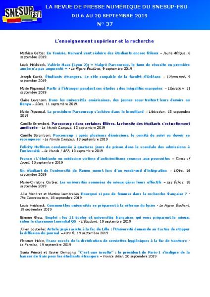 LA REVUE DE PRESSE NUMÉRIQUE DU SNESUP-FSU - Du 6 au 20 septembre 2019 - N° 37