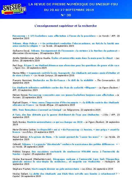 LA REVUE DE PRESSE NUMÉRIQUE DU SNESUP-FSU - Du 20 au 27 septembre 2019 - N° 38